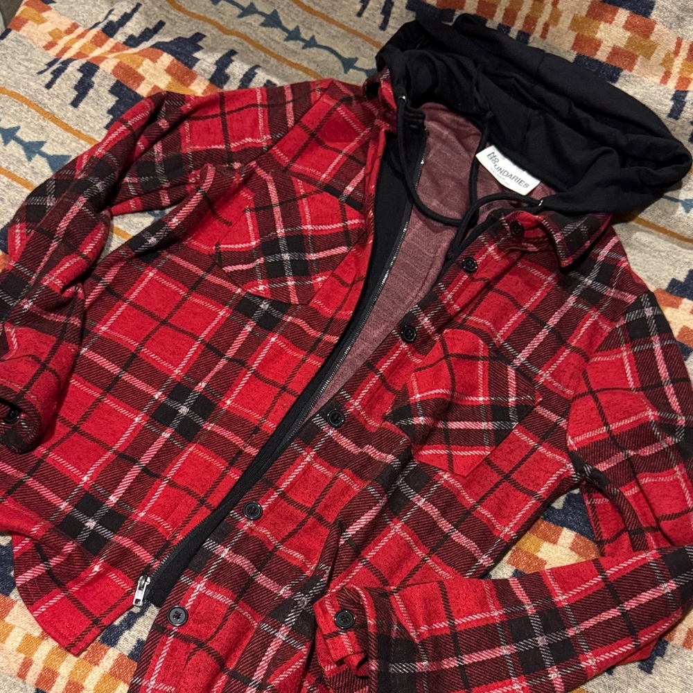 No Boundaries Red and Black Plaid Kids Jacket with Hood